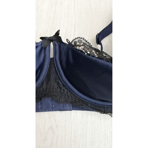 Cacique Satin Lace Quarter Cup Underwire Bra Sz 38D Blue / Black - Picture 2 of 5